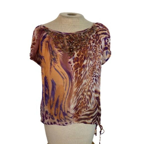 Karen Kane Sheer Drawstring Animal Print Top Shirt - Picture 2 of 4